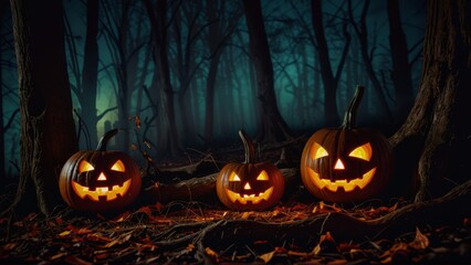 Three carved pumpkins glowing in a dark forest during Halloween night