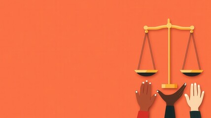 Justice scales with diverse hands supporting them, equality and unity, flat design illustration