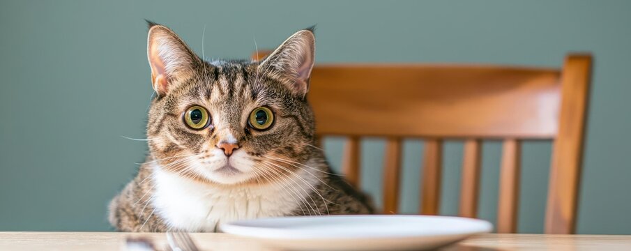 A cat perched on a dining chair, curiously watching as the table is set for dinner, cat at dinner table, curious pet, home dining