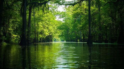 Fototapeta premium Peaceful and scenic river surrounded by lush green forest