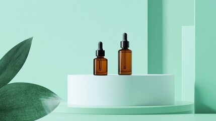 Minimalist beauty scene: two amber glass dropper bottles on white podium against mint green background, with partial leaf in foreground. Clean, fresh aesthetic.