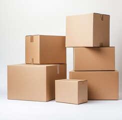 Boxes stacked in a random arrangement on a white background, ideal for shipping, storage, or moving purposes