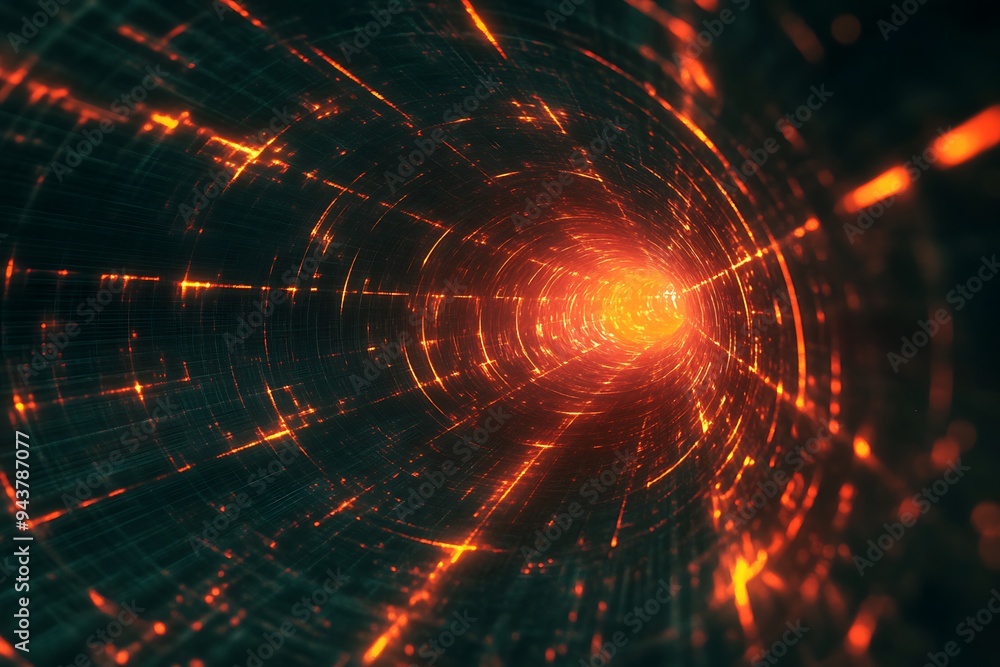 Aufkleber dystopian cybernetic matrix: abstract dark space with intersecting laser beams and illuminated pathw