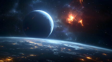 Obraz premium A vibrant nebula and a glowing planet in a star filled sky.