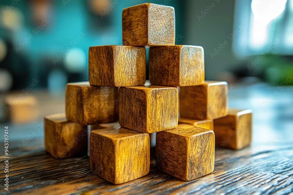 Poster wooden blocks building a pyramid: a pyramid structure built with smooth, golden wooden blocks on a w
