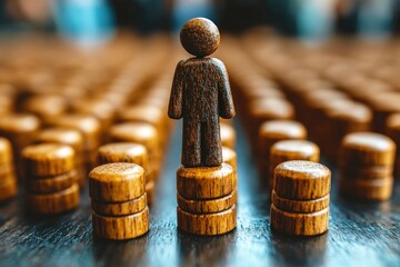 Standing Tall:  A lone wooden figure stands atop a stack of coins, symbolizing leadership, success, and the pursuit of excellence. The figure's elevated position evokes a sense of power and achievemen