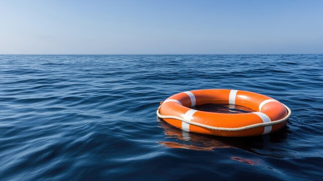 An orange life preserver drifts gently on the calm sea during a clear day, surrounded by a vast expanse of water and a bright blue sky filled with fluffy clouds