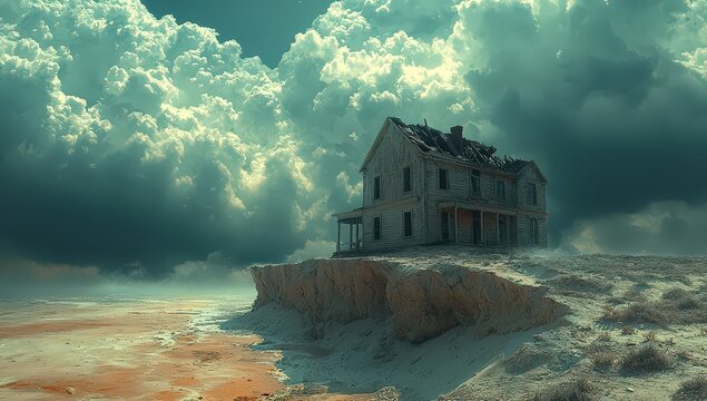 Two houses, one on top of the other, a dilapidated house is falling off a cliff and resting against an old wooden mansion in the sandy desert