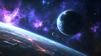 Obraz premium A vibrant nebula illuminates the sky above a distant planet.