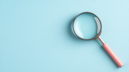 A close-up view of a magnifying glass positioned on a light blue background, symbolizing search and discovery.