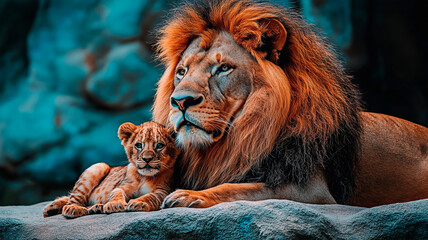 Obraz premium Majestic male lion with young cub on rocky habitat of zoo. African wildlife.