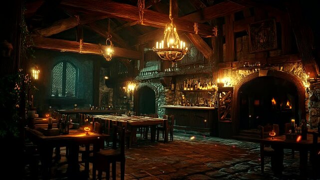 Dimly lit medieval tavern with rustic wooden furniture and chandeliers. Cozy historical animation background.