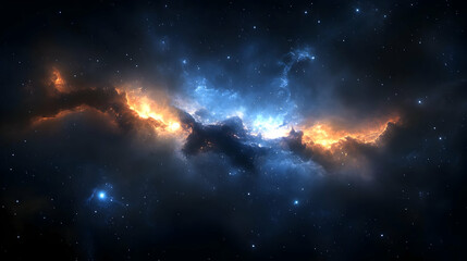Fototapeta premium A vibrant nebula of orange and blue glows in the vast expanse of space, surrounded by twinkling stars.