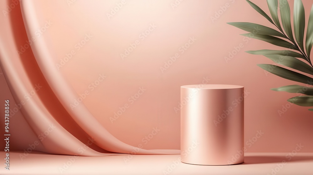 Poster minimalist product display with a rose gold podium and soft fabric backdrop.