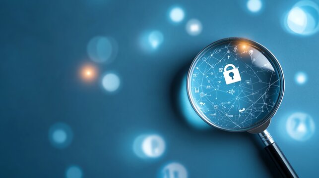 A magnifying glass highlights a digital lock symbol, illustrating concepts of security and protection in the digital age.