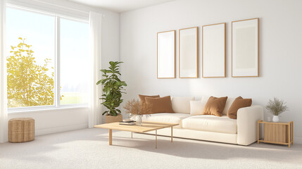 Fototapeta premium A bright living room with a cream sofa, brown pillows, and a wooden coffee table. A large window is on the left side of the wall. The floor is carpeted, and framed pictures hang above the couch.