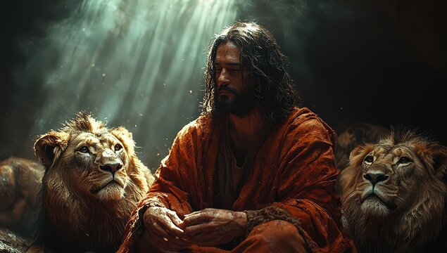Jesus sitting in the cave with lions, light shining down on him from above, three lions sit next to Jesus