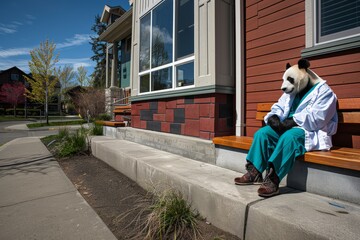 A panda dressed as a doctor sits on a bench outside a modern clinic, taking a break from a busy day