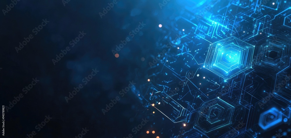 Poster a dynamic abstract background featuring illuminated hexagons and glowing lines, perfect for technolo