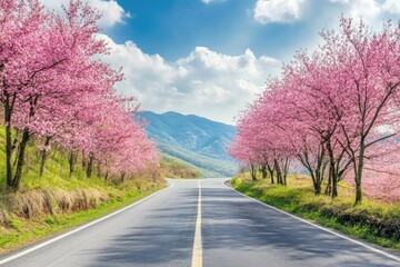 Fototapeta premium A scenic road surrounded by blooming cherry blossom trees, with mountains in the background under a bright blue sky.