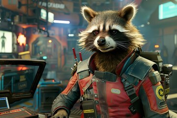 A raccoon wearing a mechanics uniform stands in front of a futuristic spacecraft, likely working on a repair