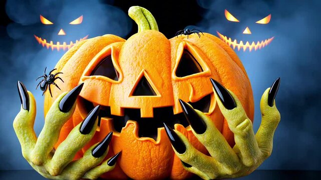 Spooky Halloween Pumpkin Cookie Held by Green Monster Hands with Black Nails against Dark Background