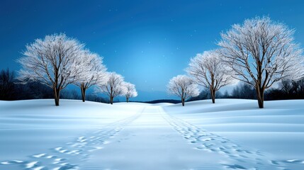 Snow-covered path lined with bare trees against a clear blue sky, featuring pristine winter landscape and footprints in the snow.