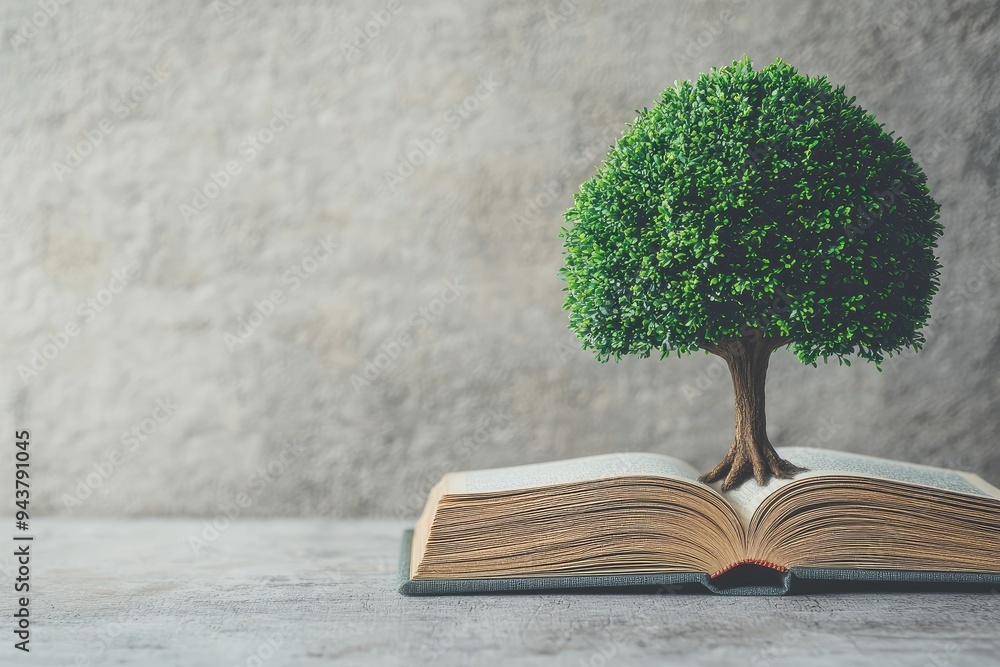 Wall mural a symbolic representation of knowledge and growth, featuring a vibrant tree emerging from an open bo