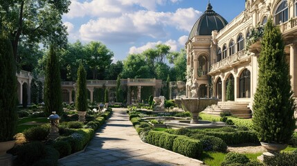 A royal garden with elegant architecture, lush greenery, and a grand building, epitomizing sophistication and beauty.