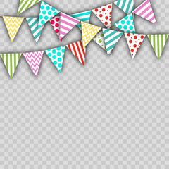 Fototapeta premium holiday flags, vector illustration of several streamers with bright multicolored triangular flags isolated. design element for cards, greetings, header for the website