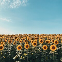 Obraz premium A vibrant field of sunflowers under a clear blue sky, showcasing nature's beauty and the warmth of summer.