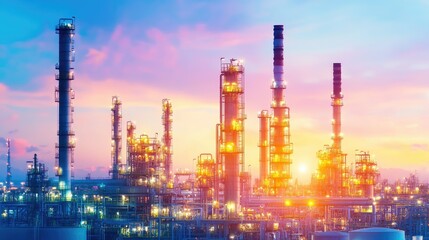 Obraz premium A vibrant oil refinery at sunset, showcasing towering smokestacks and bright lights against a colorful sky.