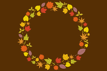 イラスト素材：秋の紅葉の丸フレーム　ブラウン