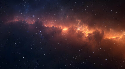 A vibrant orange nebula with twinkling stars in the night sky.