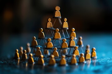 The Golden Hierarchy: A miniature golden pyramid of people represents the complexities of corporate structure and leadership. 