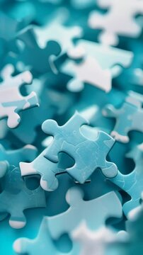 Close-up of blue puzzle pieces scattered in an abstract arrangement. The image emphasizes the themes of problem-solving, connection, and creativity. 