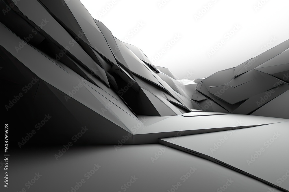 Poster abstract black and white landscape with sharp geometric shapes and smooth curves, creating a captiva