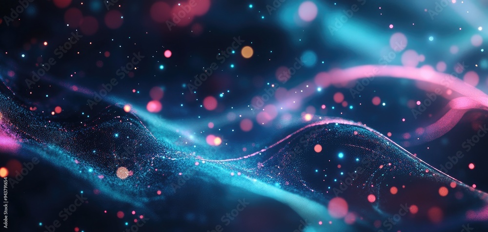 Poster abstract digital background featuring vibrant waves and colorful particles in a mesmerizing display 