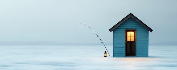 A serene winter scene featuring a blue ice fishing house, surrounded by snow and a soft glow from the window.