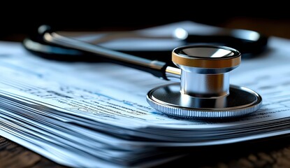 Stethoscope on medical documents and form stack. 
