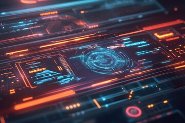 Fototapeta premium Futuristic digital dashboard with vibrant neon lights, showcasing advanced technology and interface design for modern applications.