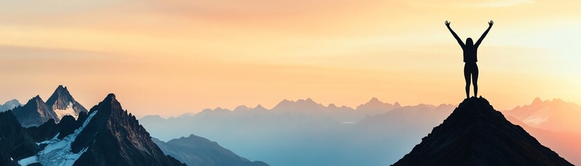 Obraz premium A triumphant figure stands atop a mountain, arms raised in celebration against a stunning sunset backdrop.