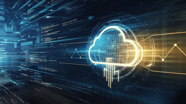 Futuristic digital information technology web with a cloud icon, featuring blue and golden light digits, code background, and abstract motion of digital data flow, illustrating cloud computing