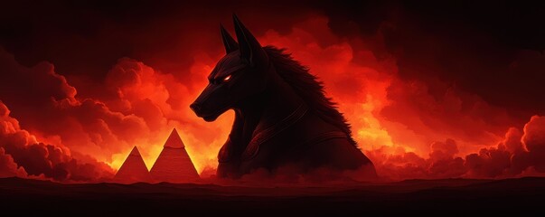 A powerful black wolf silhouette against a dramatic sunset with pyramids, evoking mystery and ancient lore.