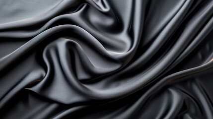 Fototapeta premium Elegant close-up of black satin fabric showcasing its smooth and luxurious texture with flowing folds and gentle curves.