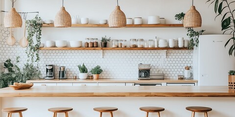 Bright and airy kitchen with wooden shelves, woven pendant lights, and plants for decoration.