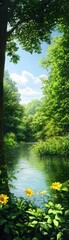 Fototapeta premium A serene landscape featuring a tranquil river, lush greenery, and vibrant flowers under a clear blue sky.