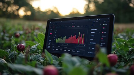 A digital dashboard displaying real-time monitoring data in a greenhouse, surrounded by rows of healthy, green plants