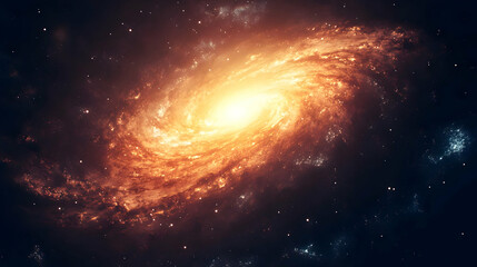 A vibrant spiral galaxy with bright orange hues, surrounded by a vast, starry expanse.