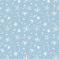 Snowflakes and stars hand drawn style on blue pastel background. Christmas and New Year seamless vector pattern doodle stile
